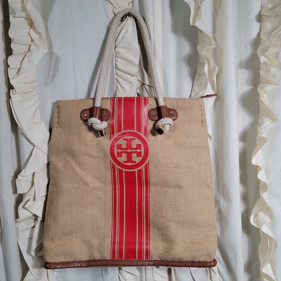 Tory Burch Handbags - Tory Burch Stripe Shopper Natural/Red Volcano Burlap Tote *RARE*